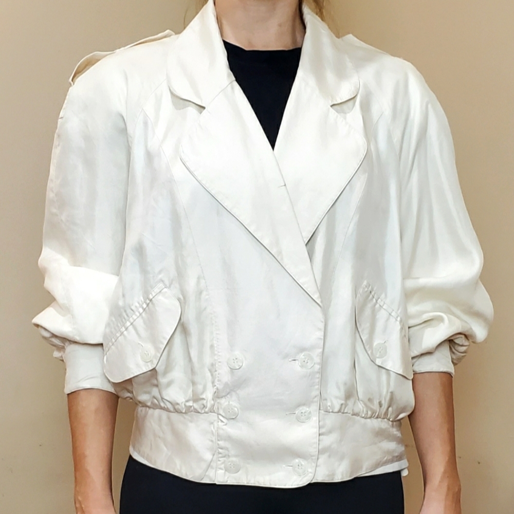 Vintage 80's Diane Gilman Designer Cream Silk Blouse Jacket Outwear - Size M